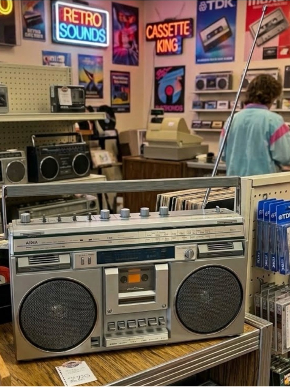 Vintage AIWA Silver Portable Stereo Boombox with Cassette Player